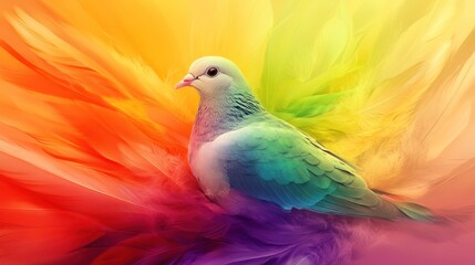 Poster - Colorful Dove Amidst Vibrant Rainbow Feathers