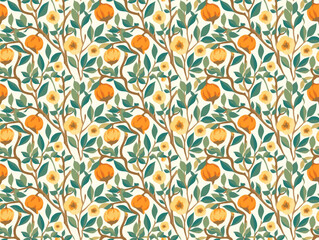 Poster - Floral and Fruit Pattern: A delicate and intricate seamless pattern featuring blooming yellow flowers and vibrant orange fruits nestled amidst lush green leaves.