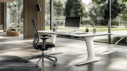 Aufkleber - Modern Home Office Workspace With Ergonomic Chair And Large Window