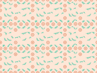Poster - Floral Delight: Peach and Teal Repeating Pattern: A cheerful and delicate pattern featuring stylized coral flowers and teal leaves on a soft peach background. Perfect for textiles, wallpaper.