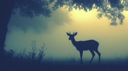 Poster - Silhouetted Deer in Misty Forest Dawn