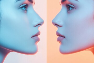 Poster - Contrast of youth and age illustrated through two distinct facial profiles in striking colors. Generative AI