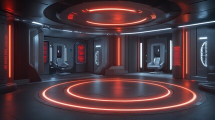 Poster - Futuristic spaceship interior with red lighting and consoles