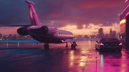 Poster - Luxury private jet on runway at dusk with limousine nearby in vibrant city skyline. Generative AI