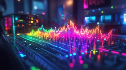 Poster - Colorful Sound Waves Flowing Over Audio Mixing Board