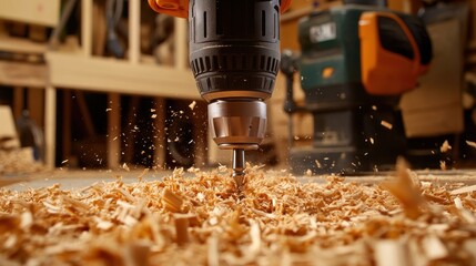 Poster - Drill bit cutting wood creating sawdust