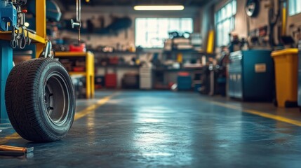 Poster - Single tire rests in a busy auto repair shop
