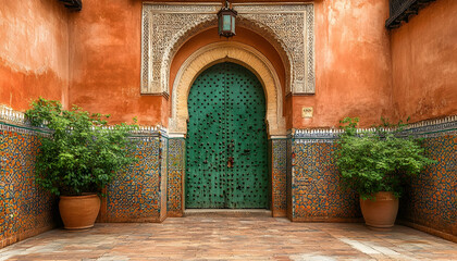 Photo - Ornate Moroccan Doorway with Tilework and Plants