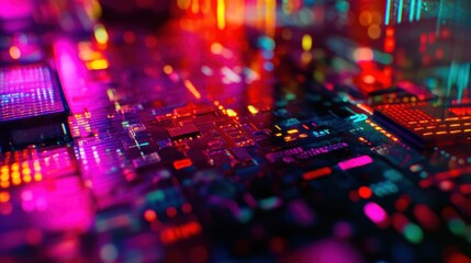 Poster - Abstract Circuit Board with Vivid Neon Lights