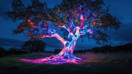 Poster - Nighttime Tree Illuminated With Vibrant Colors