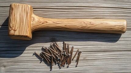 Poster - Wooden mallet and pile of small metal nails on wood