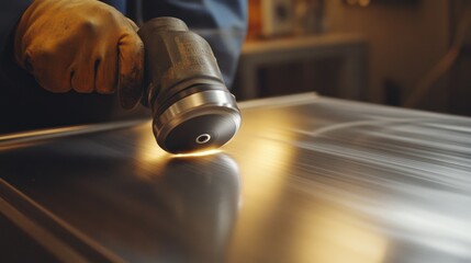 Aufkleber - Worker polishes a metal sheet with a power tool
