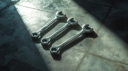 Poster - Three metallic wrenches lie on a textured surface