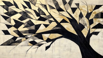 Aufkleber - Abstract Geometric Tree in Black Gold and Beige