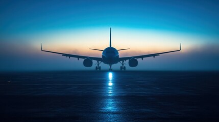 Leinwandbilder - Silhouette of an airplane against a twilight sky reflecting on a wet runway in a serene airport setting. Generative AI