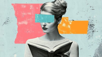 Poster - Woman Reading Book Abstract Collage Art