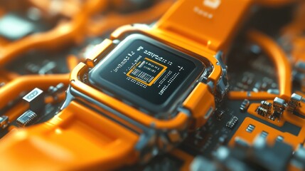Poster - Orange Smartwatch with Integrated Circuit Display