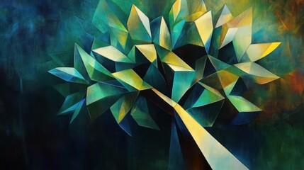 Poster - Abstract Geometric Tree Painting in Emerald Hues