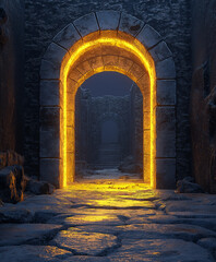 Wall Mural - Mysterious glowing entrance to ancient stone tomb with golden light, symbolizing resurrection, hope, Easter miracle, faith, and spiritual renewal in religious tradition.