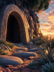 Wall Mural - Ancient stone tomb with open doorway at sunrise, symbolizing Easter resurrection, renewal, faith, Christianity, spiritual awakening, and the miracle of life and salvation.