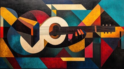 Poster - Abstract Cubist Composition Featuring a Guitar