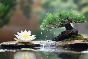 Poster - Serene Bonsai Tree and Water Lily Peaceful Scene