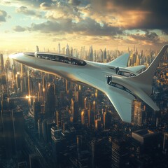 Fototapete - Futuristic airplane flies elegantly above a sprawling sci fi cityscape at sunset. Generative AI