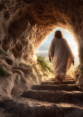 Wall Mural - Jesus walking out of the stone tomb at sunrise, symbolizing Easter resurrection, faith, spiritual awakening, divine miracle, Christian hope, and eternal life celebration.