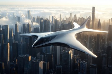 Aufkleber - Futuristic airplane soars above a dense sci fi cityscape during golden hour. Generative AI