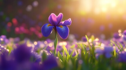 Canvas Print - A Single Purple Iris Flower in a Field of Blooms