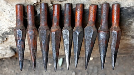 Aufkleber - Eight Rusty Metal Pointed Tools Arranged In A Row