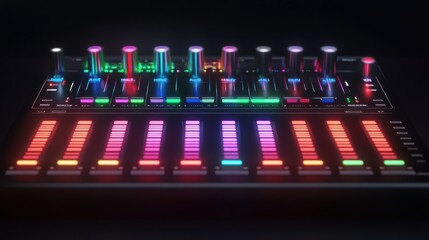 Poster - Illuminated Music Mixer Control Panel Displaying Levels