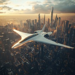 Aufkleber - Futuristic airplane soaring above a vibrant sci fi cityscape during sunset. Generative AI