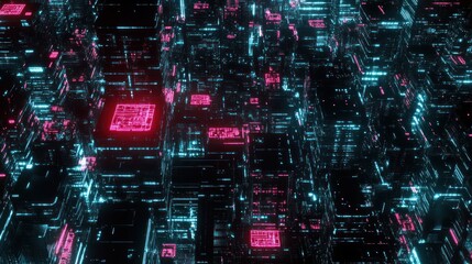 Poster - Abstract Digital Cityscape Neon Lights Glowing Circuits