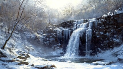 Canvas Print - Frozen Waterfall Winter Wonderland Snowy Forest Scene