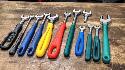 Poster - Colorful Wrenches Arranged On A Wooden Surface