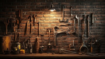 Poster - Vintage Tools Hanging On Brick Wall Workshop
