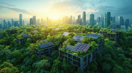 Wall Mural - Aerial view of futuristic urban landscape with green buildings and solar panels at sunset