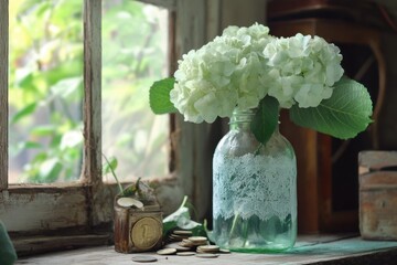 Poster - White hydrangeas in a lace decorated jar near a window