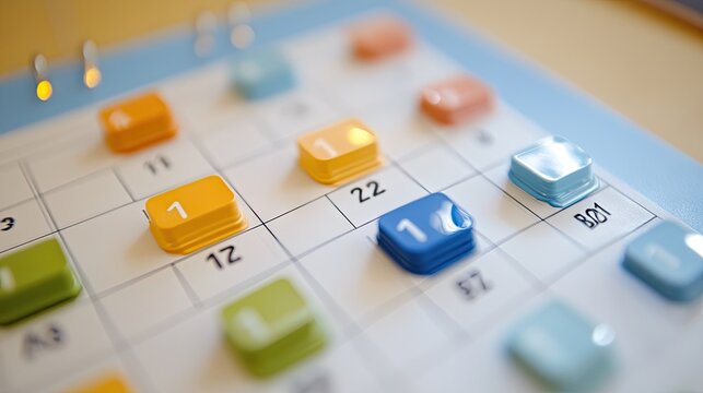 A close-up of a calendar marked with color-coded priorities, symbolizing structured task handling.