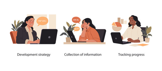 Wall Mural - collection of scenes illustrating business strategy, information gathering, and performance tracking