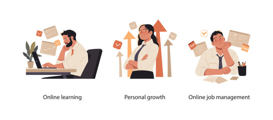 Wall Mural - collection of scenes illustrating career development and digital work management. professionals enga
