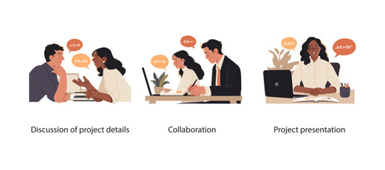 Wall Mural - collection of scenes illustrating teamwork and project execution. professionals discussing project d