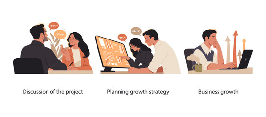 Wall Mural - collection of scenes illustrating business strategy and growth. professionals collaborate on project