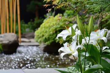 Poster - Serene Garden Water Feature With White Lilies