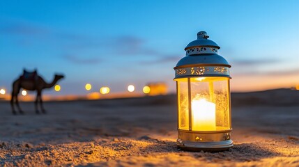 Wall Mural - Desert sunset, camel, lantern, candle, peace