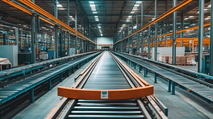 Poster - An industrial production hall with conveyor belts transporting materials.