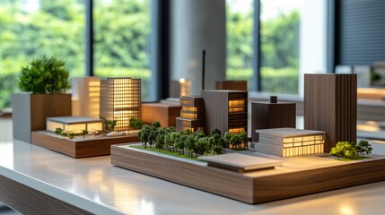 Poster - Architectural models displayed on a clean desk with a plant and lighting accents.