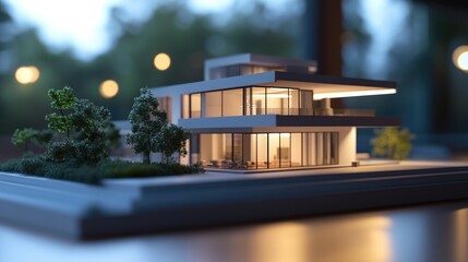 Poster - Architectural models displayed on a clean desk with a plant and lighting accents.
