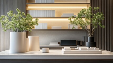 Poster - Architectural models displayed on a clean desk with a plant and lighting accents.